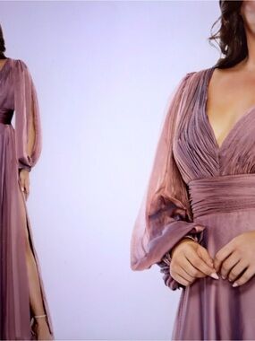 Mac Duggal Dusty Rose Long Sleeve V-Neck Maxi Gown